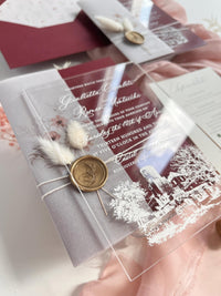 Burgundy Acrylic Wedding Invitation Suite with Venue Sketch, Vellum Wrap, Wax Seal & Real Dried Botanicals | Joannitów Castle