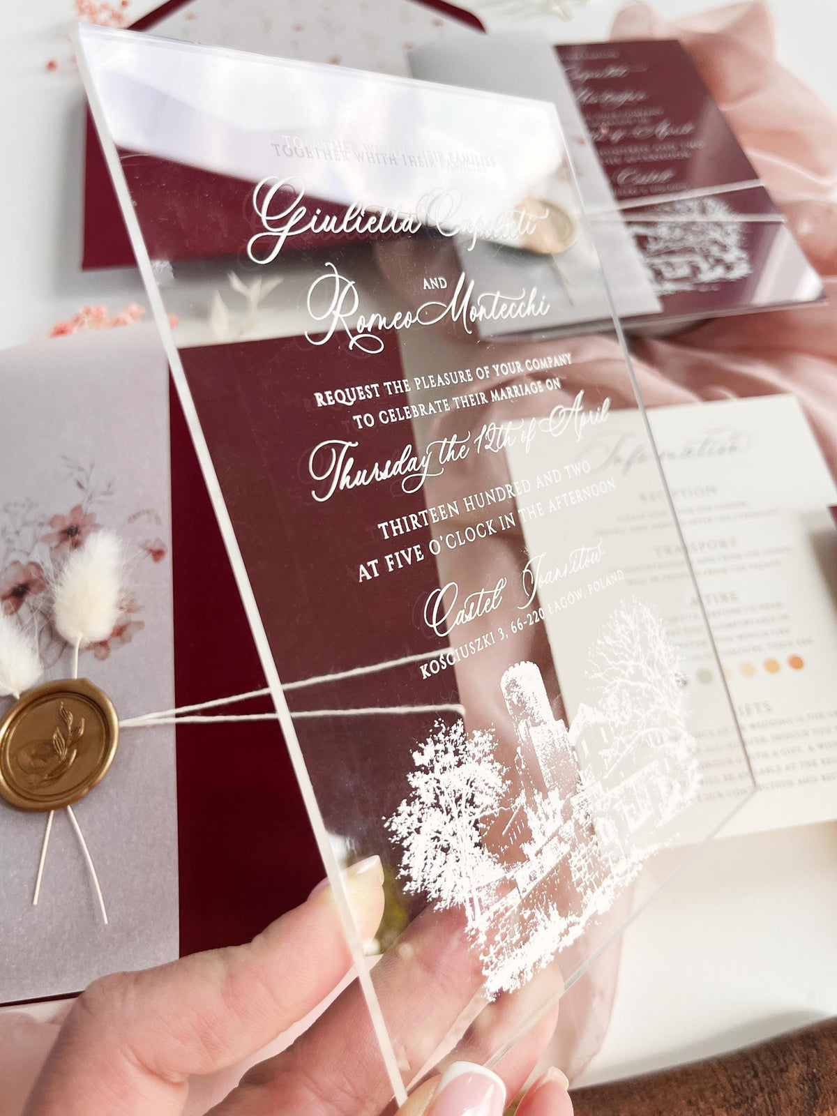 Burgundy Acrylic Wedding Invitation Suite with Venue Sketch, Vellum Wrap, Wax Seal & Real Dried Botanicals | Joannitów Castle