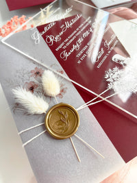 Burgundy Acrylic Wedding Invitation Suite with Venue Sketch, Vellum Wrap, Wax Seal & Real Dried Botanicals | Joannitów Castle