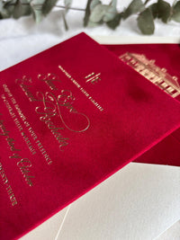 Burgundy Velvet Wedding Invitations, Gold Foil Invite, Luxury Hardcover Wedding Invitation, Rose Embossed 5x7 Suite