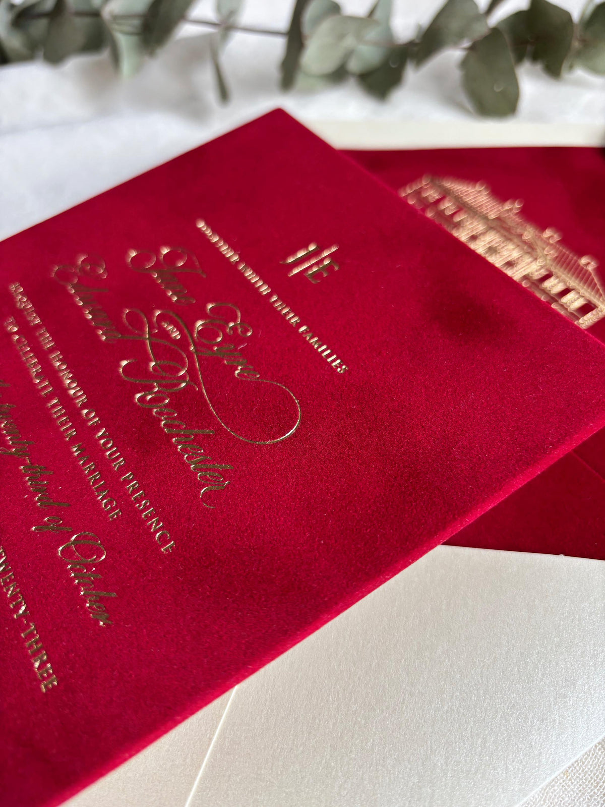 Burgundy Velvet Wedding Invitations, Gold Foil Invite, Luxury Hardcover Wedding Invitation, Rose Embossed 5x7 Suite
