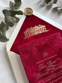 Burgundy Velvet Wedding Invitations, Gold Foil Invite, Luxury Hardcover Wedding Invitation, Rose Embossed 5x7 Suite