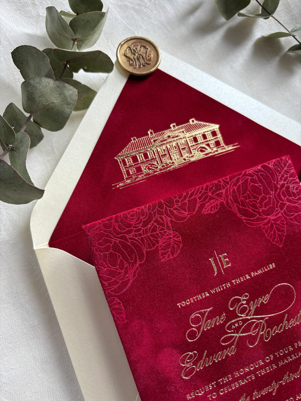 Burgundy Velvet Wedding Invitations, Gold Foil Invite, Luxury Hardcover Wedding Invitation, Rose Embossed 5x7 Suite