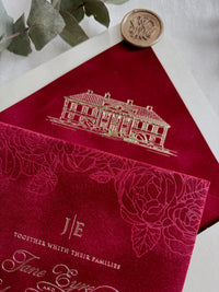 Burgundy Velvet Wedding Invitations, Gold Foil Invite, Luxury Hardcover Wedding Invitation, Rose Embossed 5x7 Suite