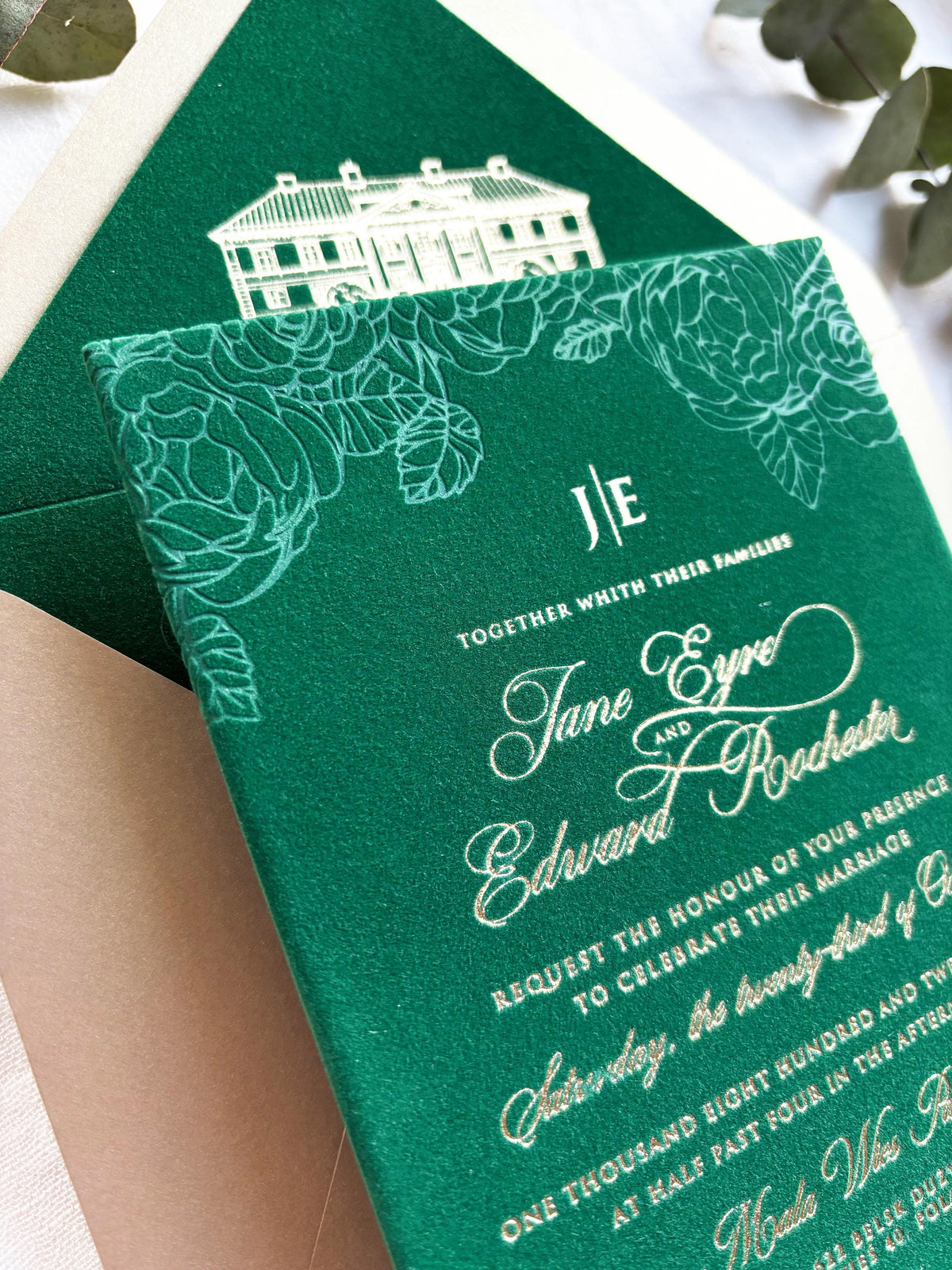 Emerald Green Velvet Wedding Invitation with Gold Foil | Luxury Wedding Stationery Suite | Classic Elegant Design