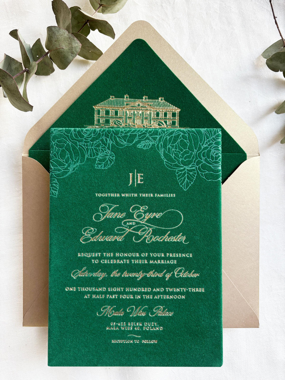 Emerald Green Velvet Wedding Invitation with Gold Foil | Luxury Wedding Stationery Suite | Classic Elegant Design