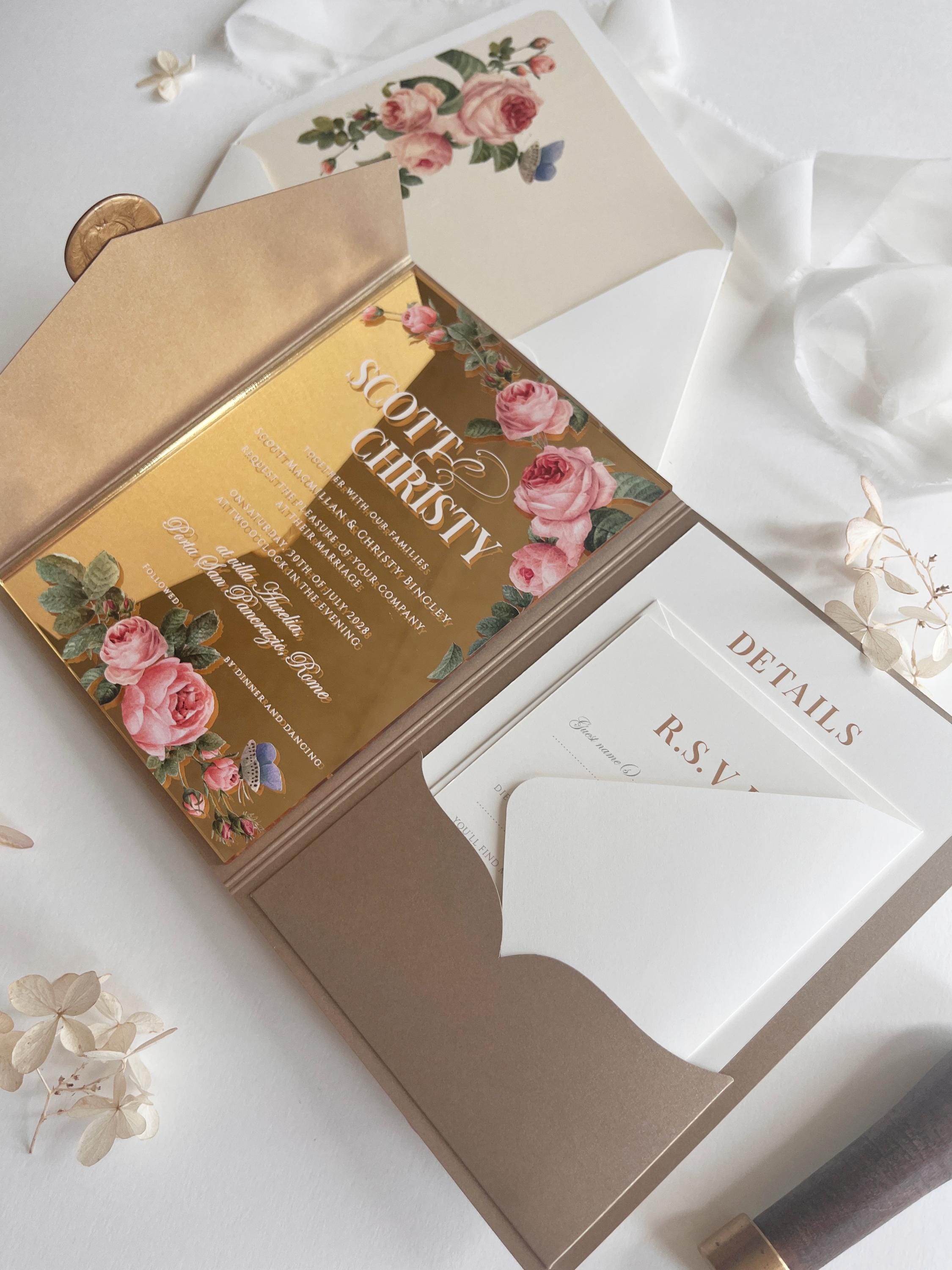 Gold Mirror Acrylic Wedding Invitation Suite - Personalised Invite, Details, RSVP, Custom Colour Tri-Fold Pocket