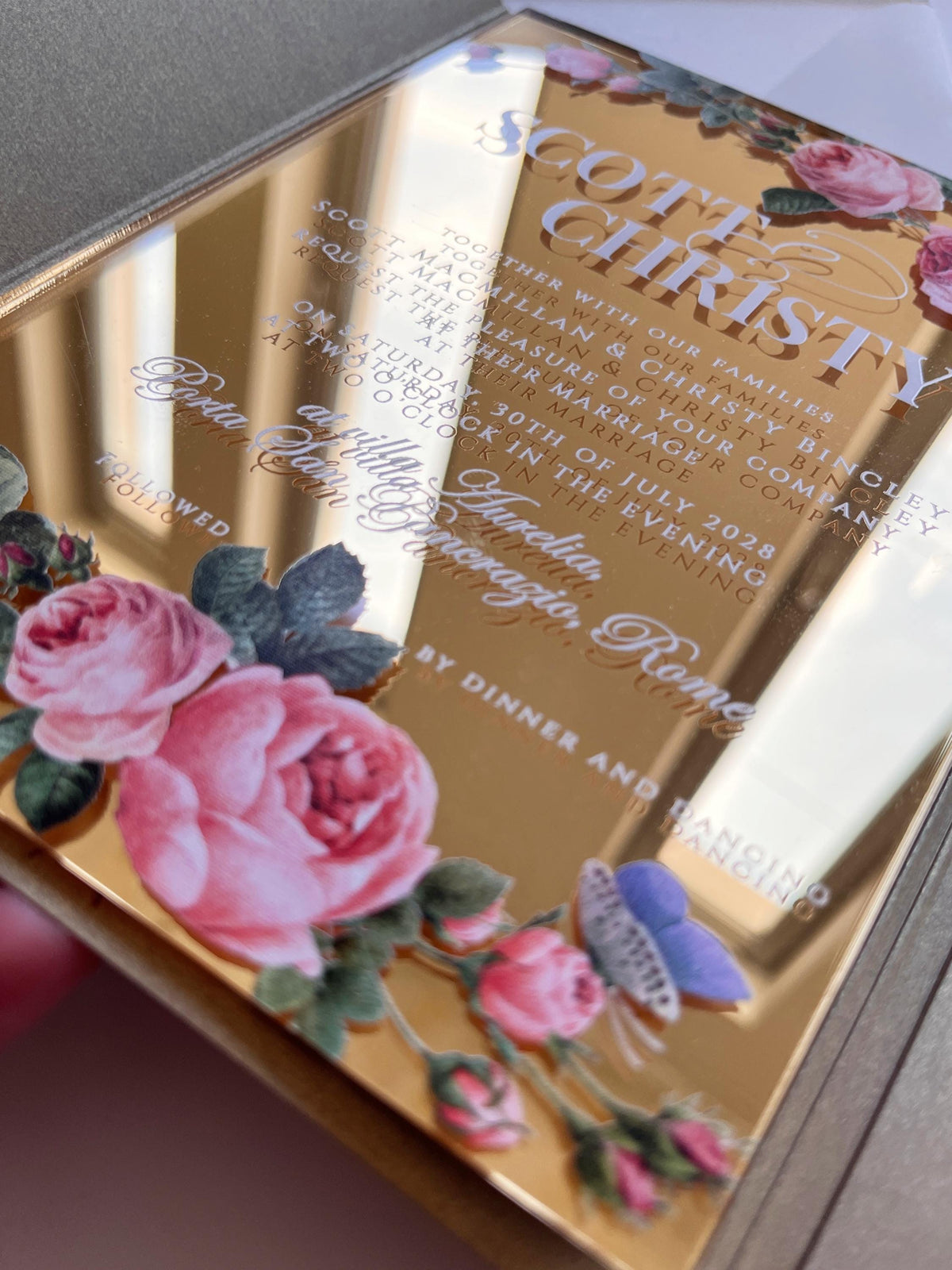 Gold Mirror Acrylic Wedding Invitation Suite - Personalised Invite, Details, RSVP, Custom Colour Tri-Fold Pocket