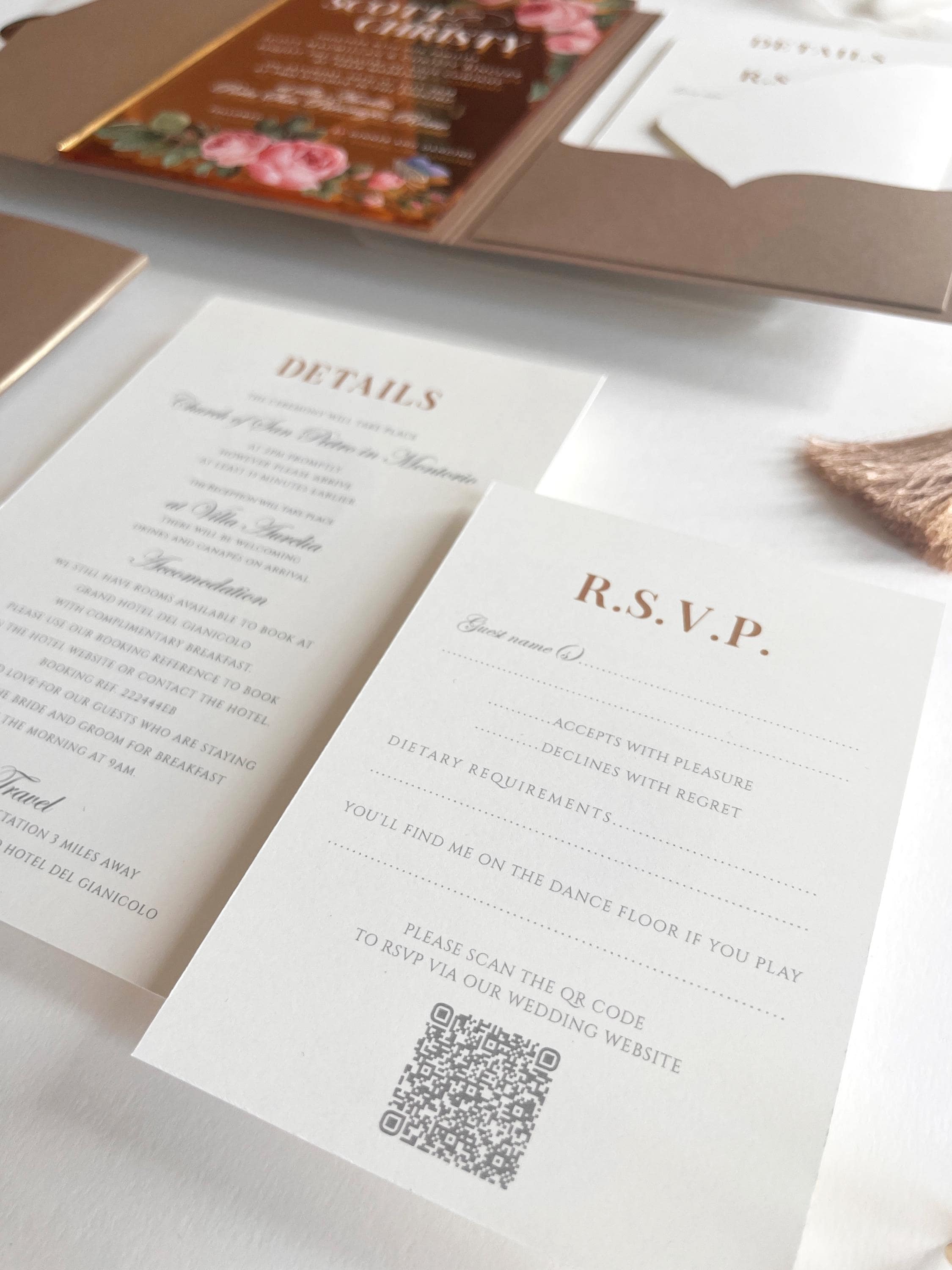Gold Mirror Acrylic Wedding Invitation Suite - Personalised Invite, Details, RSVP, Custom Colour Tri-Fold Pocket