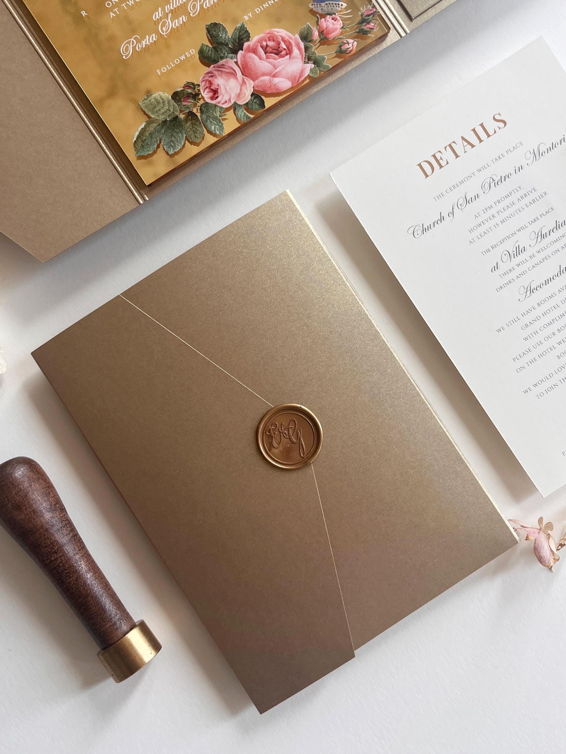 Gold Mirror Acrylic Wedding Invitation Suite - Personalised Invite, Details, RSVP, Custom Colour Tri-Fold Pocket