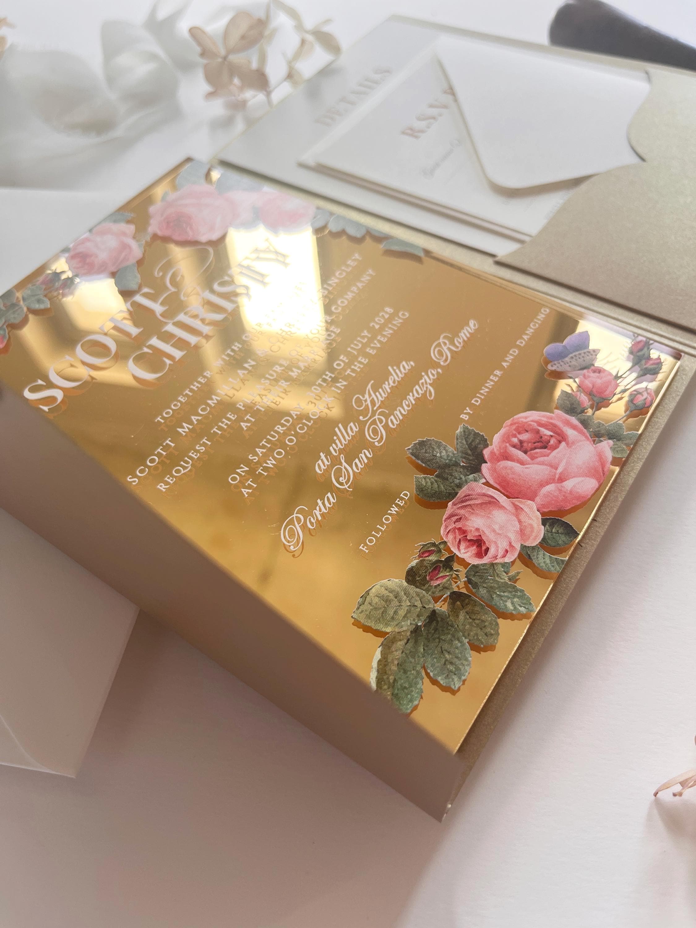 Gold Mirror Acrylic Wedding Invitation Suite - Personalised Invite, Details, RSVP, Custom Colour Tri-Fold Pocket