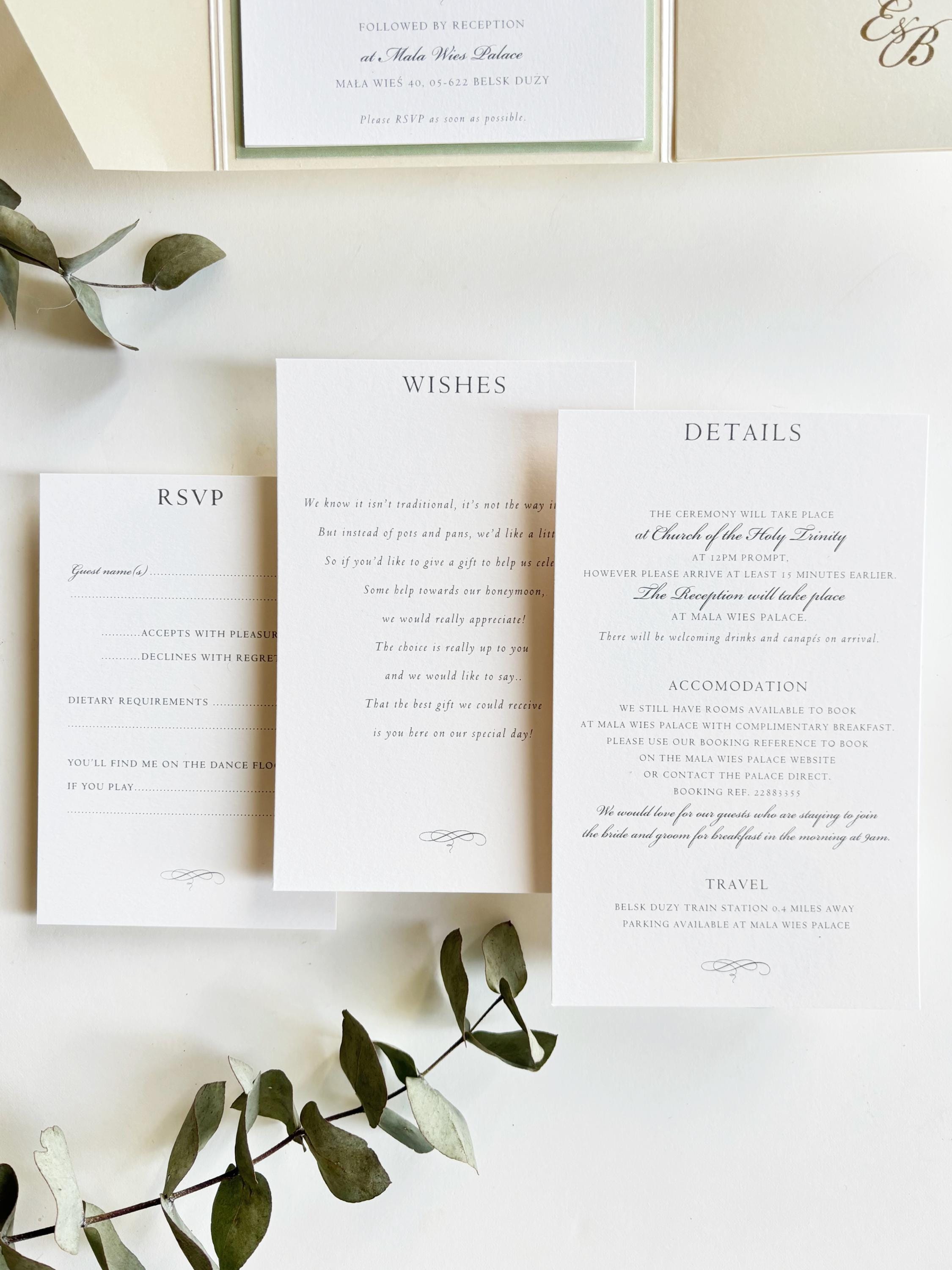 Wedding Venue Invitation Suite with Classic Tri-Fold Pocket - Gold Foil Details, Watercolour Lined Envelope