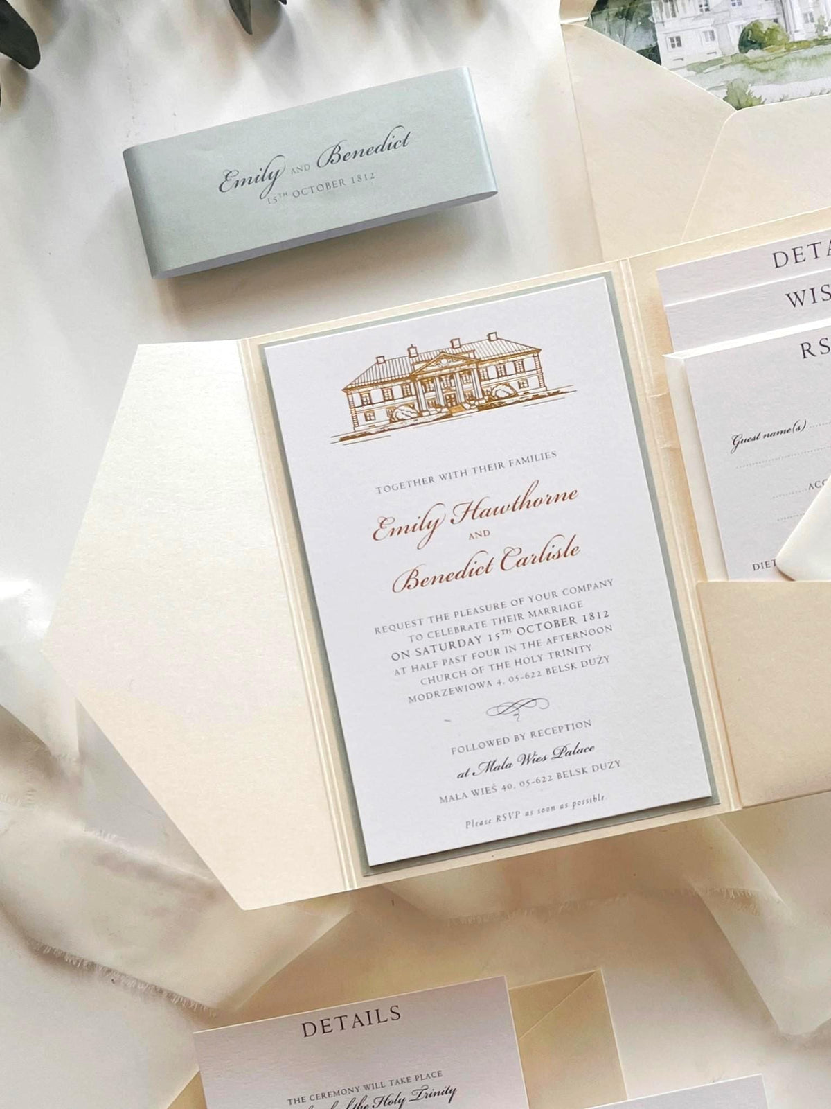 Wedding Venue Invitation Suite with Classic Tri-Fold Pocket - Gold Foil Details, Watercolour Lined Envelope