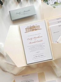 Wedding Venue Invitation Suite with Classic Tri-Fold Pocket - Gold Foil Details, Watercolour Lined Envelope