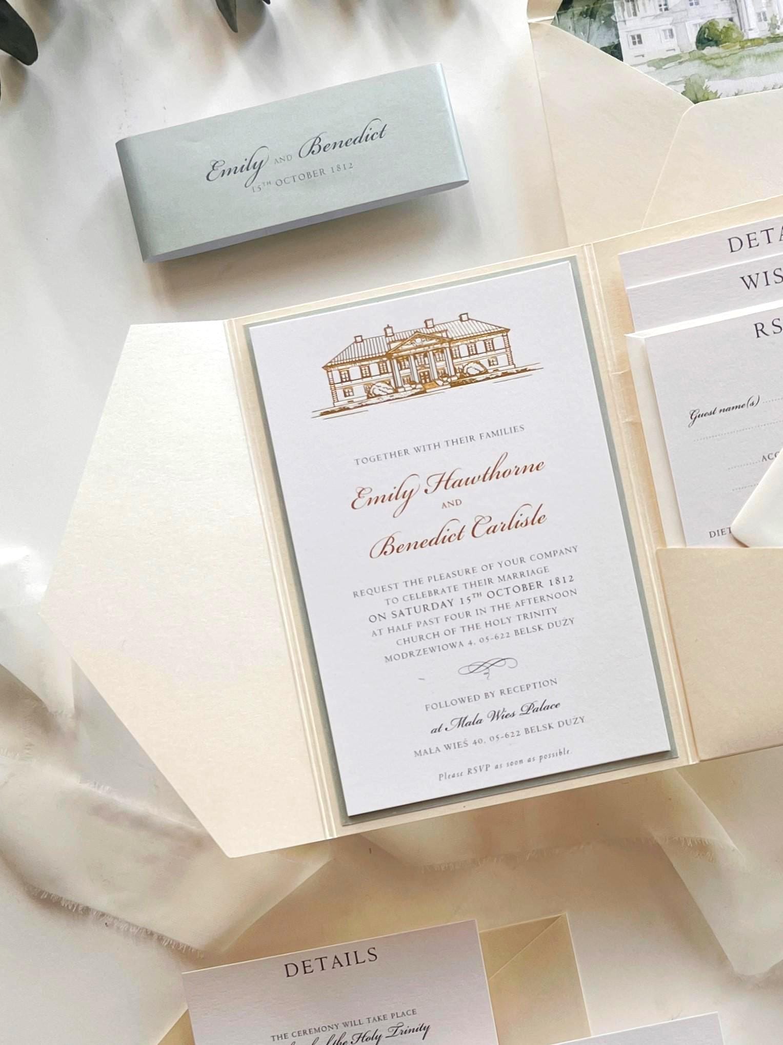 Wedding Venue Invitation Suite with Classic Tri-Fold Pocket - Gold Foil Details, Watercolour Lined Envelope