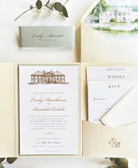 Wedding Venue Invitation Suite with Classic Tri-Fold Pocket - Gold Foil Details, Watercolour Lined Envelope