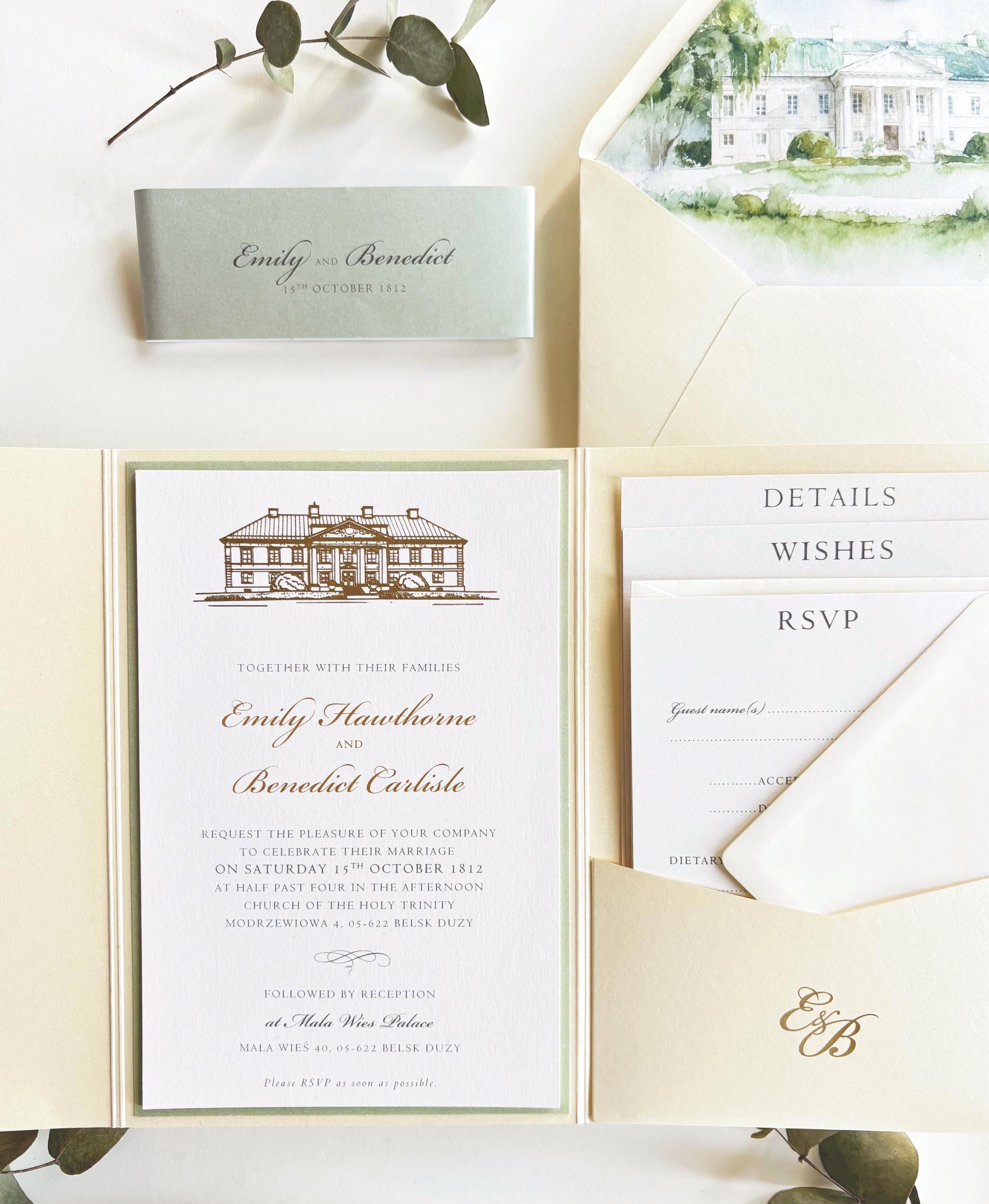 Wedding Venue Invitation Suite with Classic Tri-Fold Pocket - Gold Foil Details, Watercolour Lined Envelope