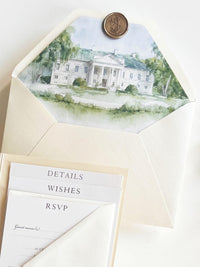 Wedding Venue Invitation Suite with Classic Tri-Fold Pocket - Gold Foil Details, Watercolour Lined Envelope