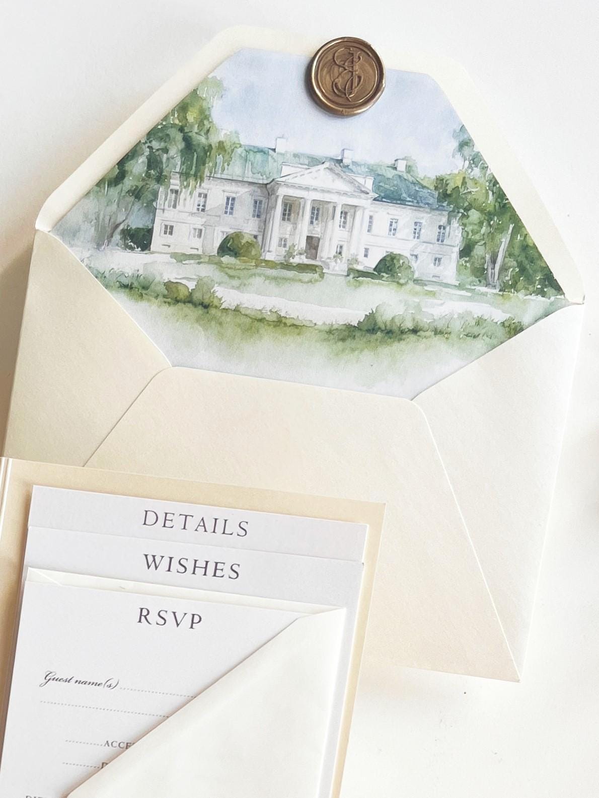 Wedding Venue Invitation Suite with Classic Tri-Fold Pocket - Gold Foil Details, Watercolour Lined Envelope