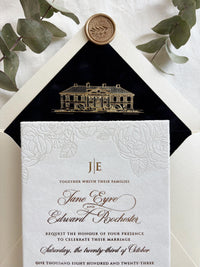 Luxury Velvet Wedding Invitations with Pearl Foil Rose Detail & Gold Foil Hot Stamping Text - Custom Venue Sketch Liner