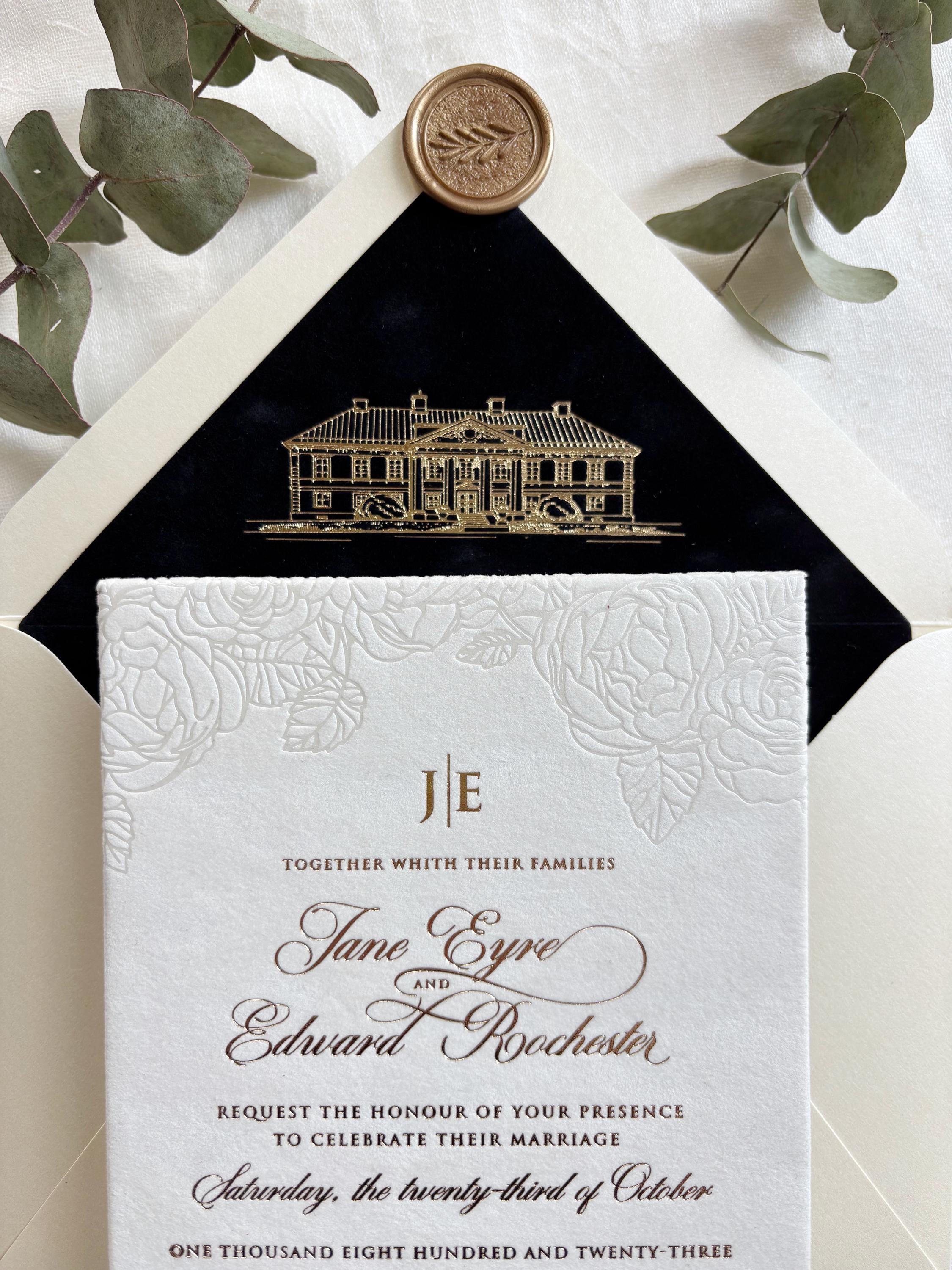 Luxury Velvet Wedding Invitations with Pearl Foil Rose Detail & Gold Foil Hot Stamping Text - Custom Venue Sketch Liner