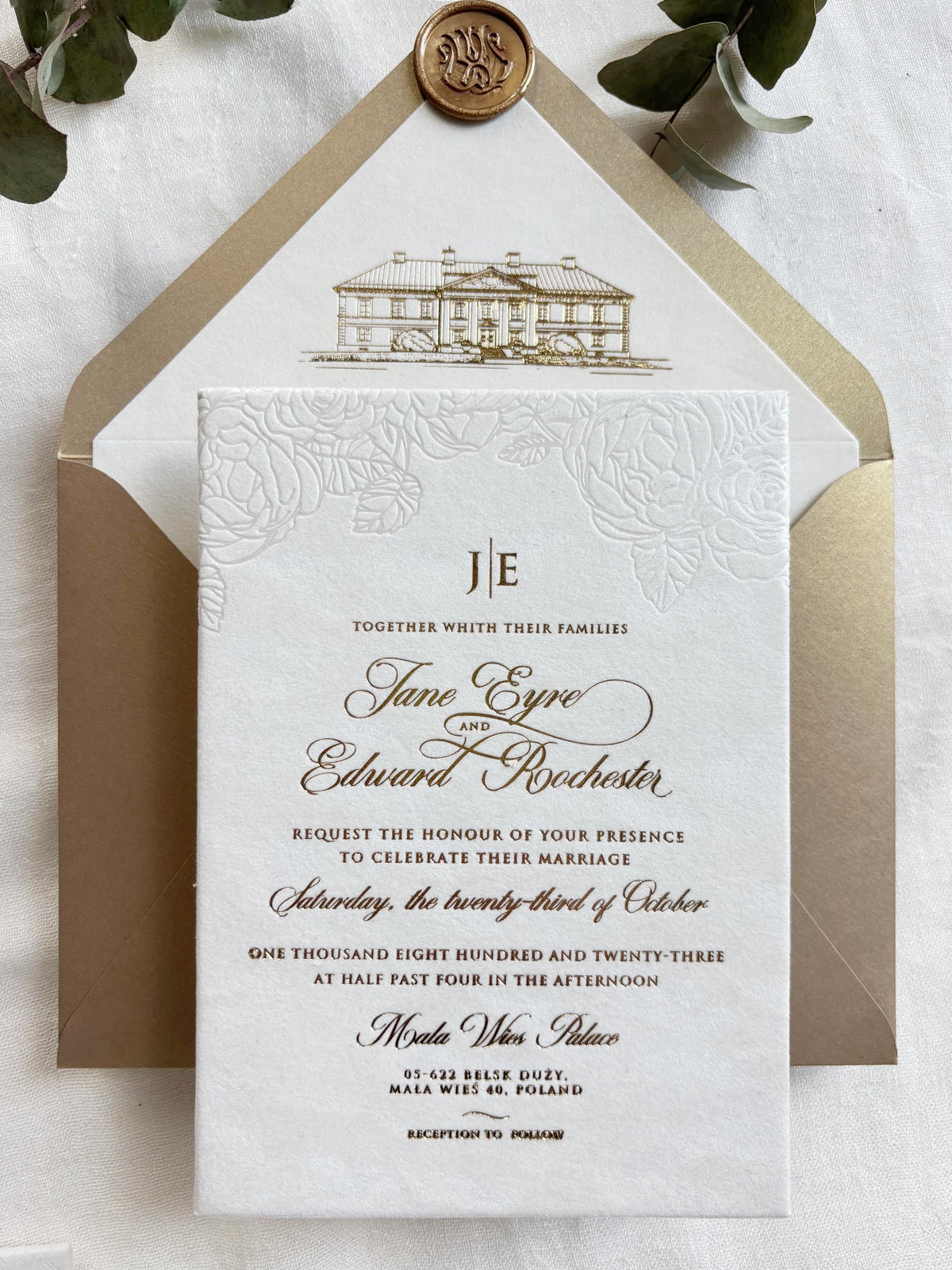 Luxury Velvet Wedding Invitations with Pearl Foil Rose Detail & Gold Foil Hot Stamping Text - Custom Venue Sketch Liner
