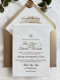 Luxury Velvet Wedding Invitations with Pearl Foil Rose Detail & Gold Foil Hot Stamping Text - Custom Venue Sketch Liner