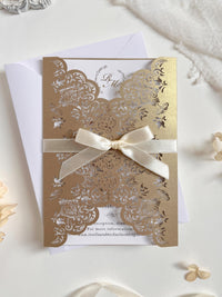 Intricate Lace Laser Cut Gatefold Wedding Invitation with Satin Bow, Personalised Gold Foil Printed Insert