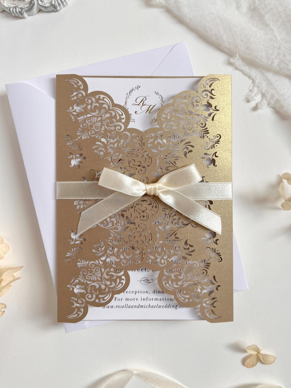 Intricate Lace Laser Cut Gatefold Wedding Invitation with Satin Bow, Personalised Gold Foil Printed Insert