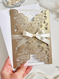 Intricate Lace Laser Cut Gatefold Wedding Invitation with Satin Bow, Personalised Gold Foil Printed Insert