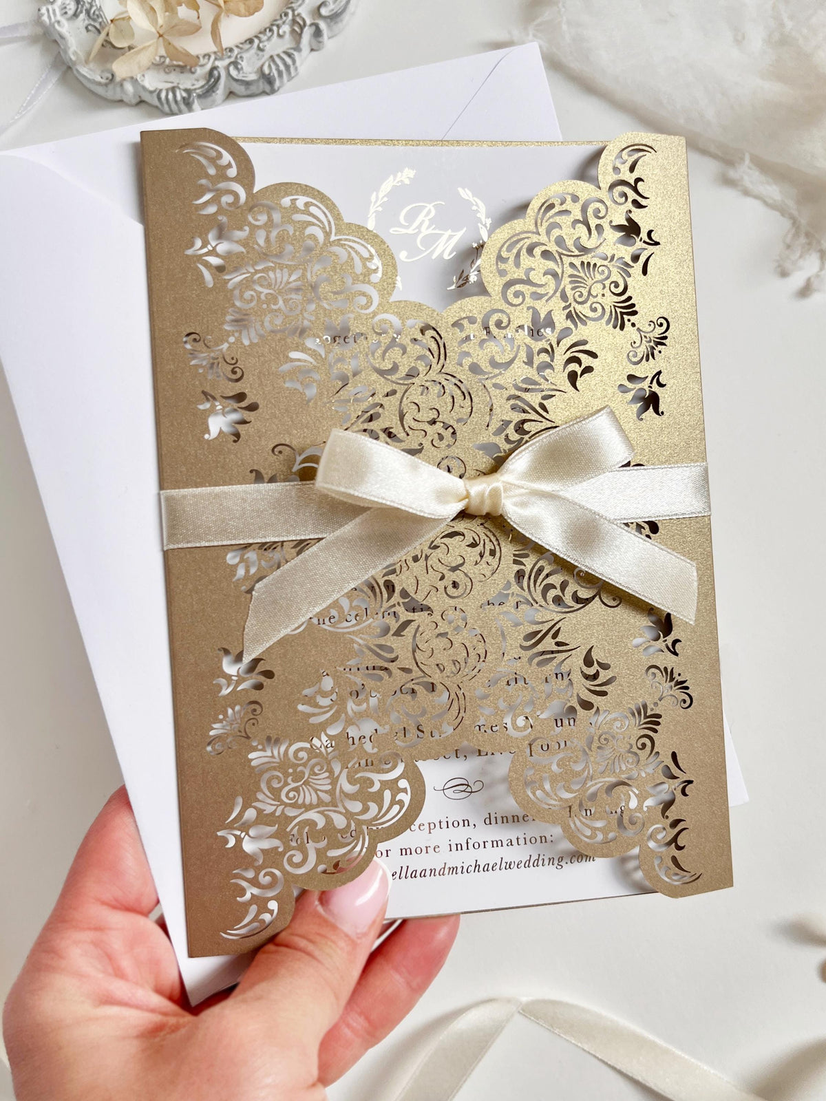 Intricate Lace Laser Cut Gatefold Wedding Invitation with Satin Bow, Personalised Gold Foil Printed Insert