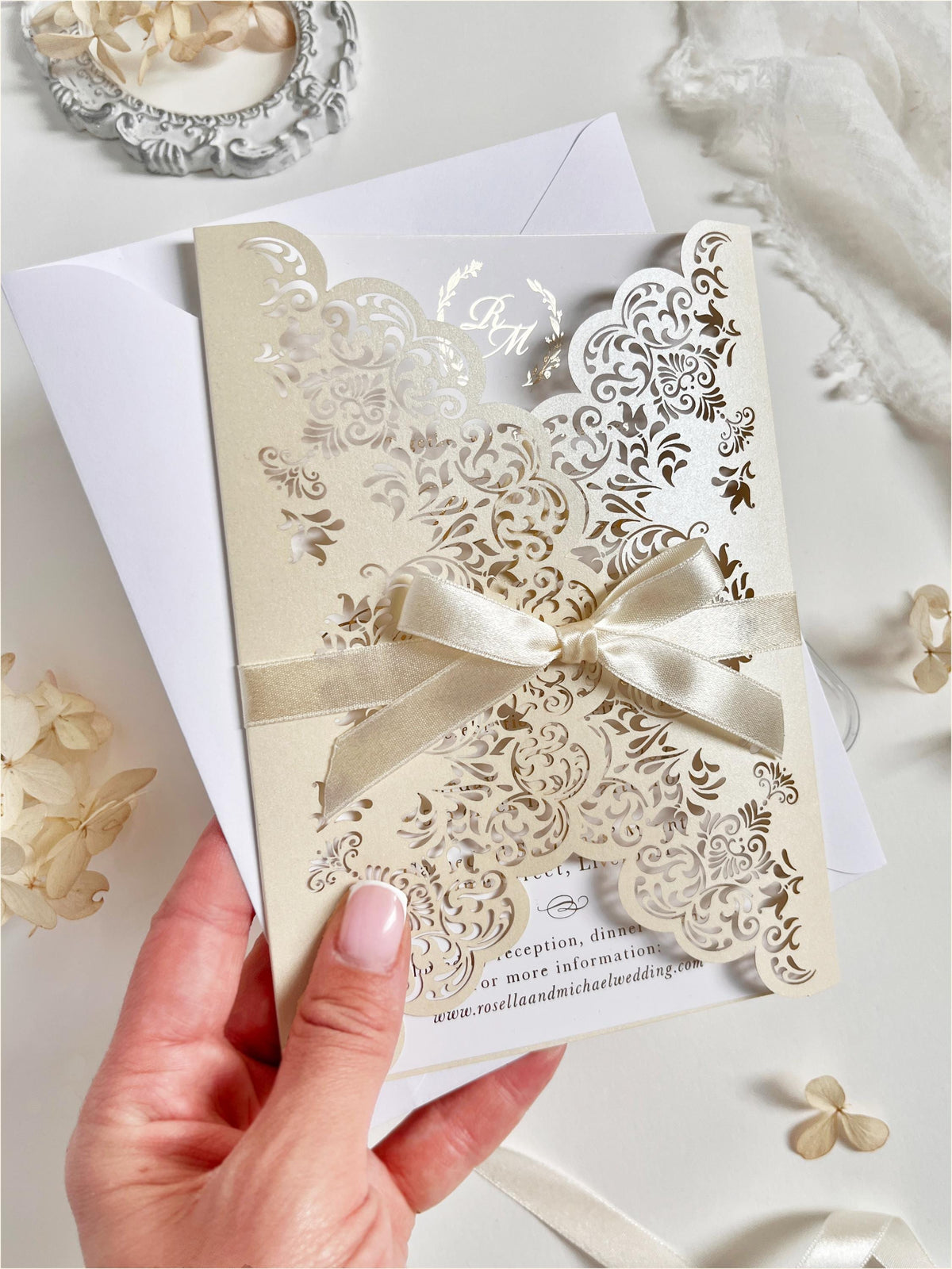 Intricate Lace Laser Cut Gatefold Wedding Invitation with Satin Bow, Personalised Gold Foil Printed Insert