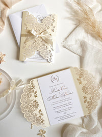 Intricate Lace Laser Cut Gatefold Wedding Invitation with Satin Bow, Personalised Gold Foil Printed Insert