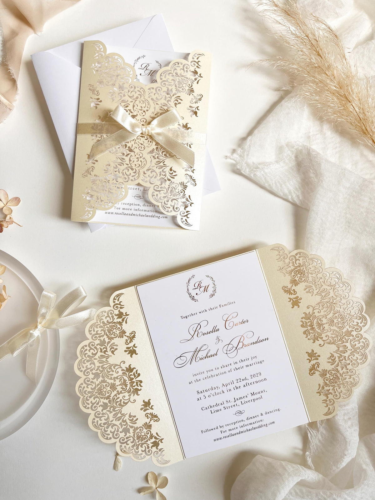 Intricate Lace Laser Cut Gatefold Wedding Invitation with Satin Bow, Personalised Gold Foil Printed Insert