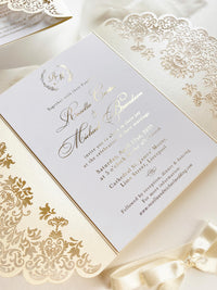 Intricate Lace Laser Cut Gatefold Wedding Invitation with Satin Bow, Personalised Gold Foil Printed Insert