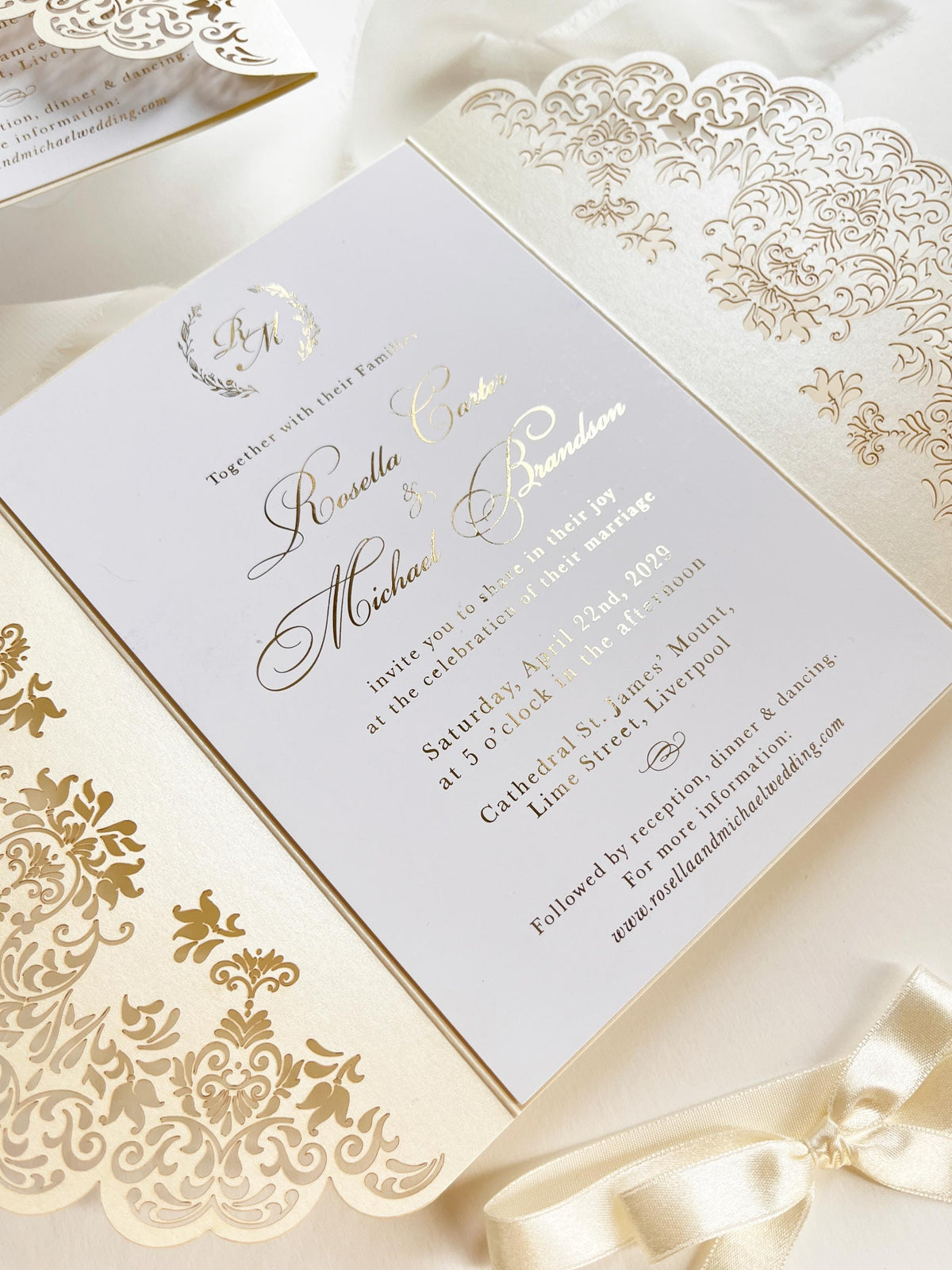 Intricate Lace Laser Cut Gatefold Wedding Invitation with Satin Bow, Personalised Gold Foil Printed Insert