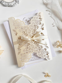 Intricate Lace Laser Cut Gatefold Wedding Invitation with Satin Bow, Personalised Gold Foil Printed Insert