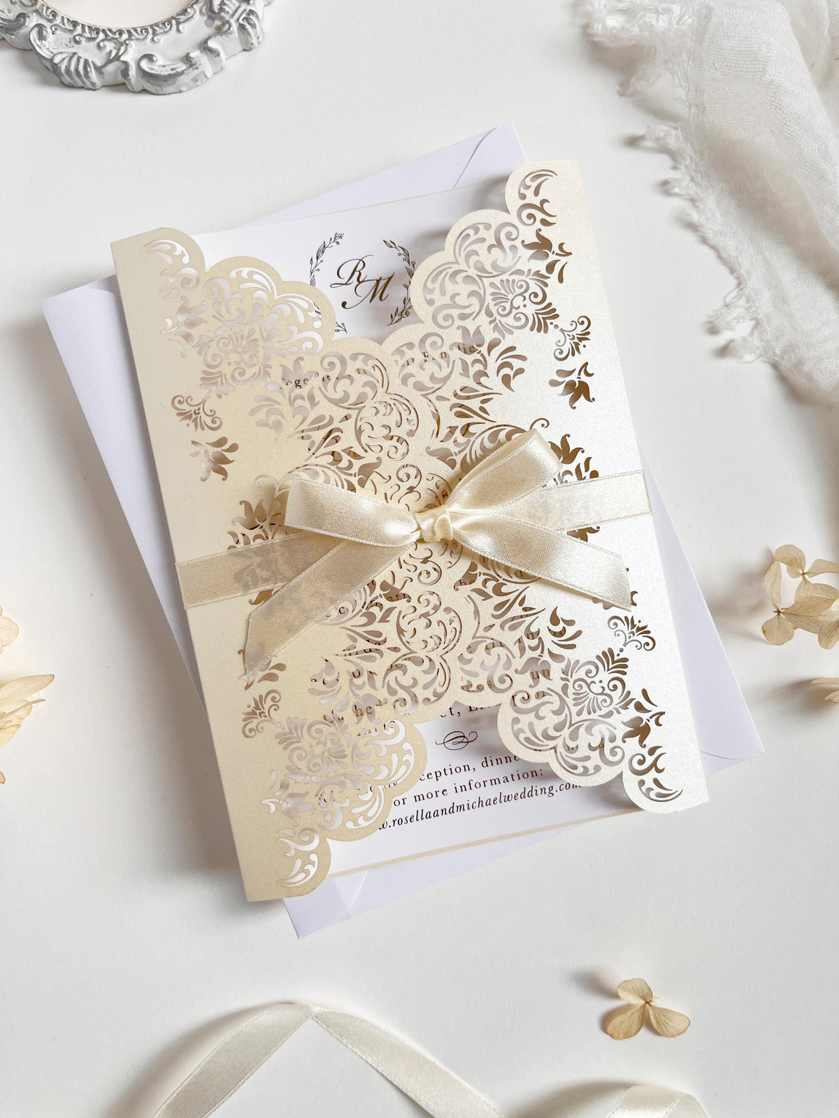 Intricate Lace Laser Cut Gatefold Wedding Invitation with Satin Bow, Personalised Gold Foil Printed Insert