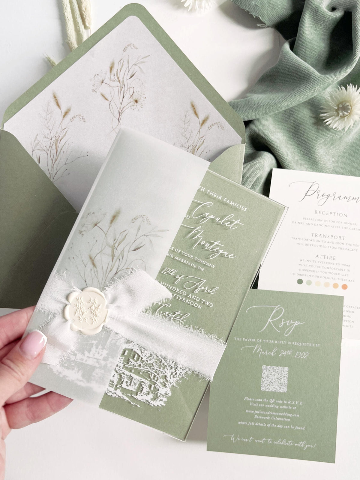 Clear Acrylic Wedding Invitation Suite, Sage Green Wedding Invite with Vellum Wrap & Wax Seal | Venue Joannitów Castle