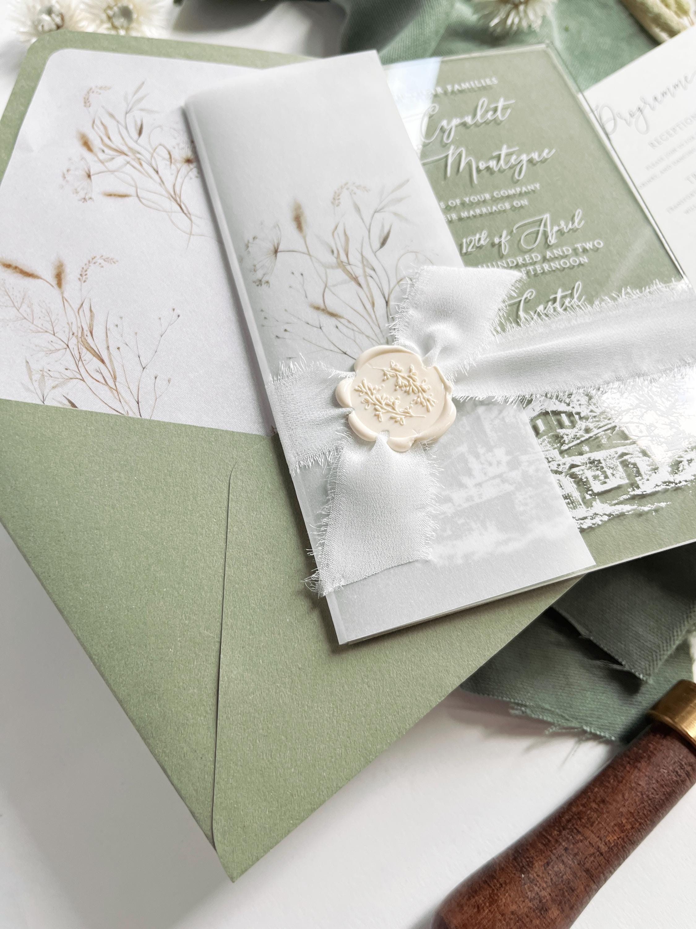 Clear Acrylic Wedding Invitation Suite, Sage Green Wedding Invite with Vellum Wrap & Wax Seal | Venue Joannitów Castle