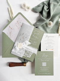 Clear Acrylic Wedding Invitation Suite, Sage Green Wedding Invite with Vellum Wrap & Wax Seal | Venue Joannitów Castle