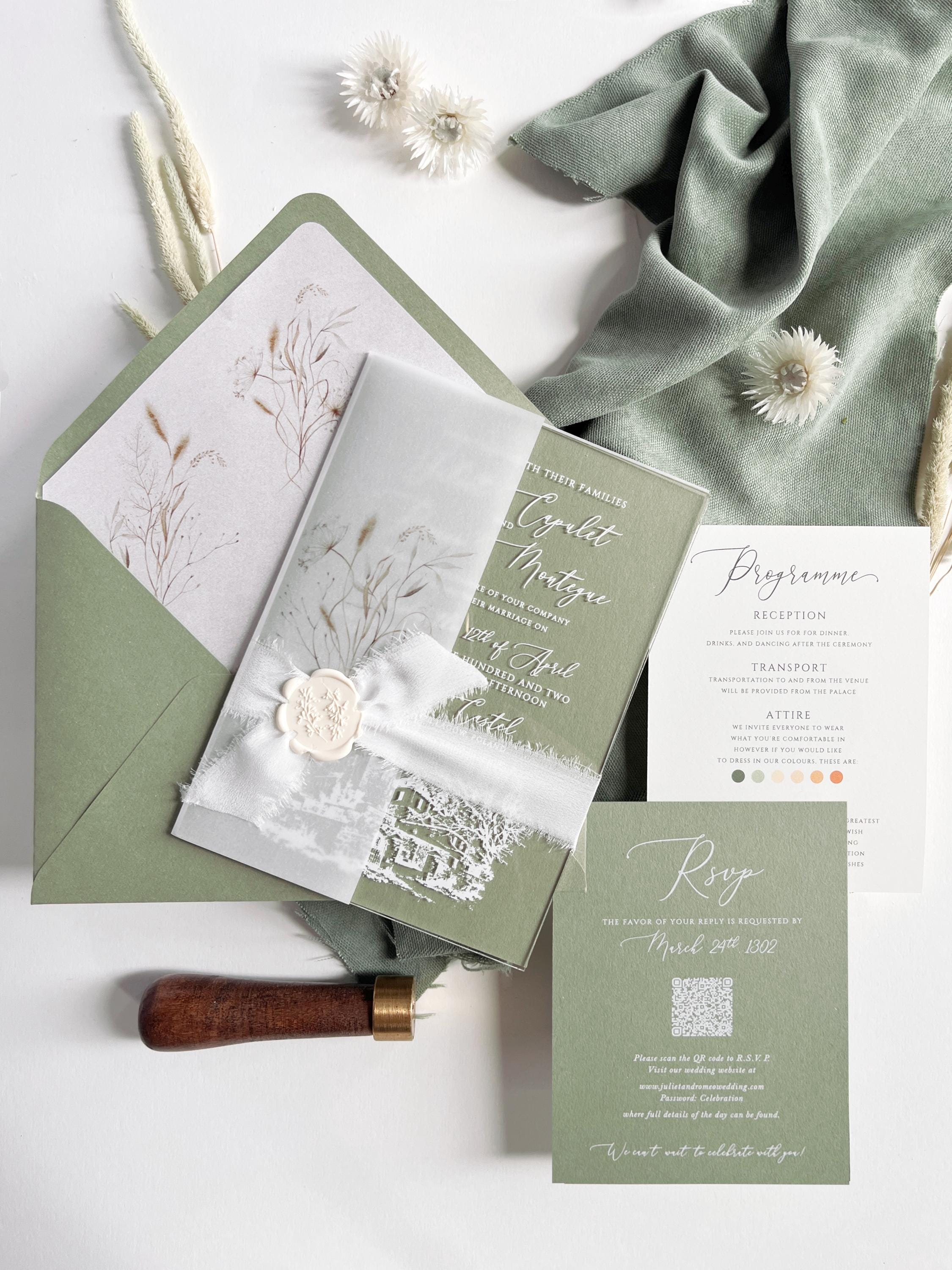 Clear Acrylic Wedding Invitation Suite, Sage Green Wedding Invite with Vellum Wrap & Wax Seal | Venue Joannitów Castle