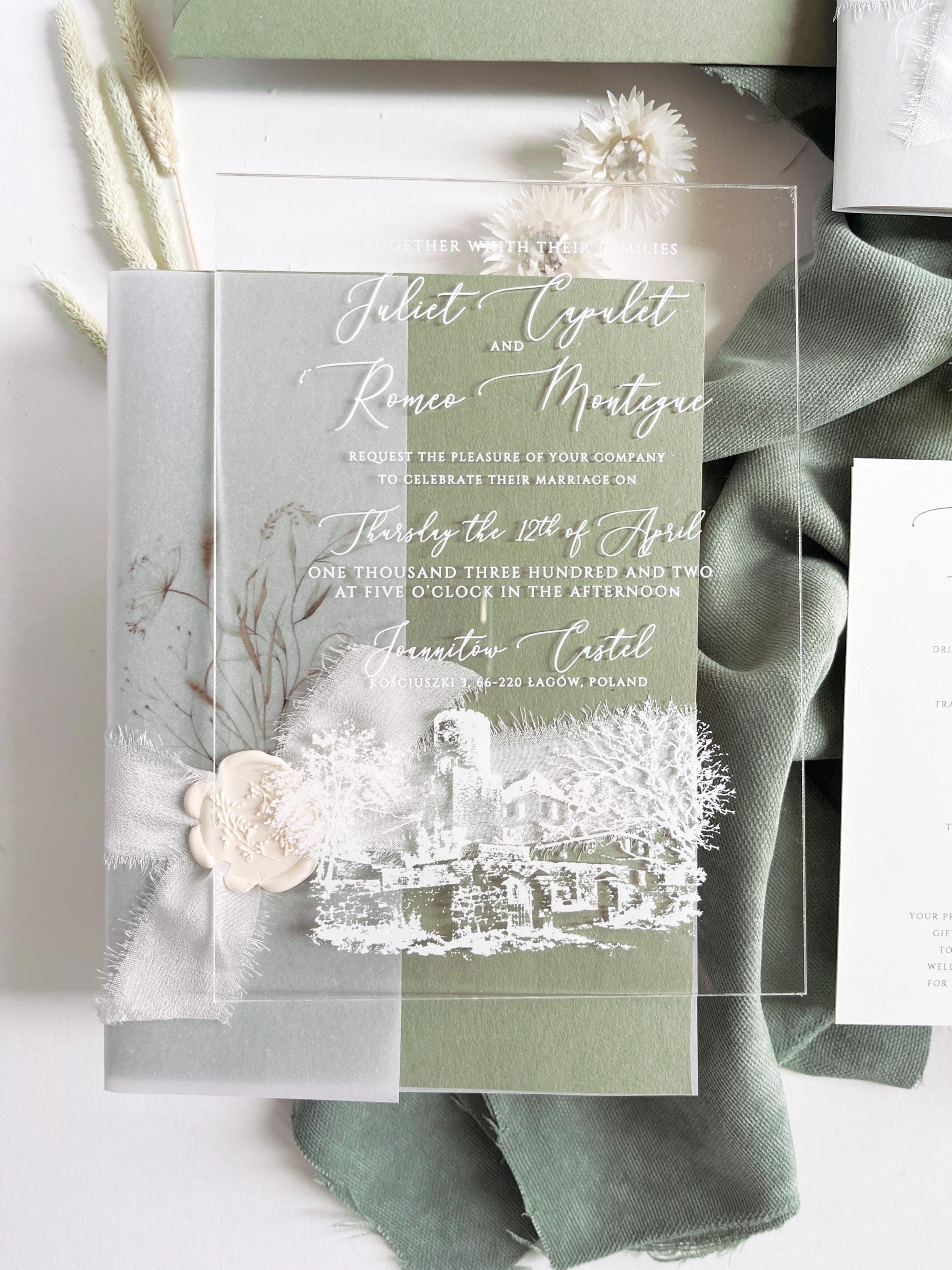 Clear Acrylic Wedding Invitation Suite, Sage Green Wedding Invite with Vellum Wrap & Wax Seal | Venue Joannitów Castle
