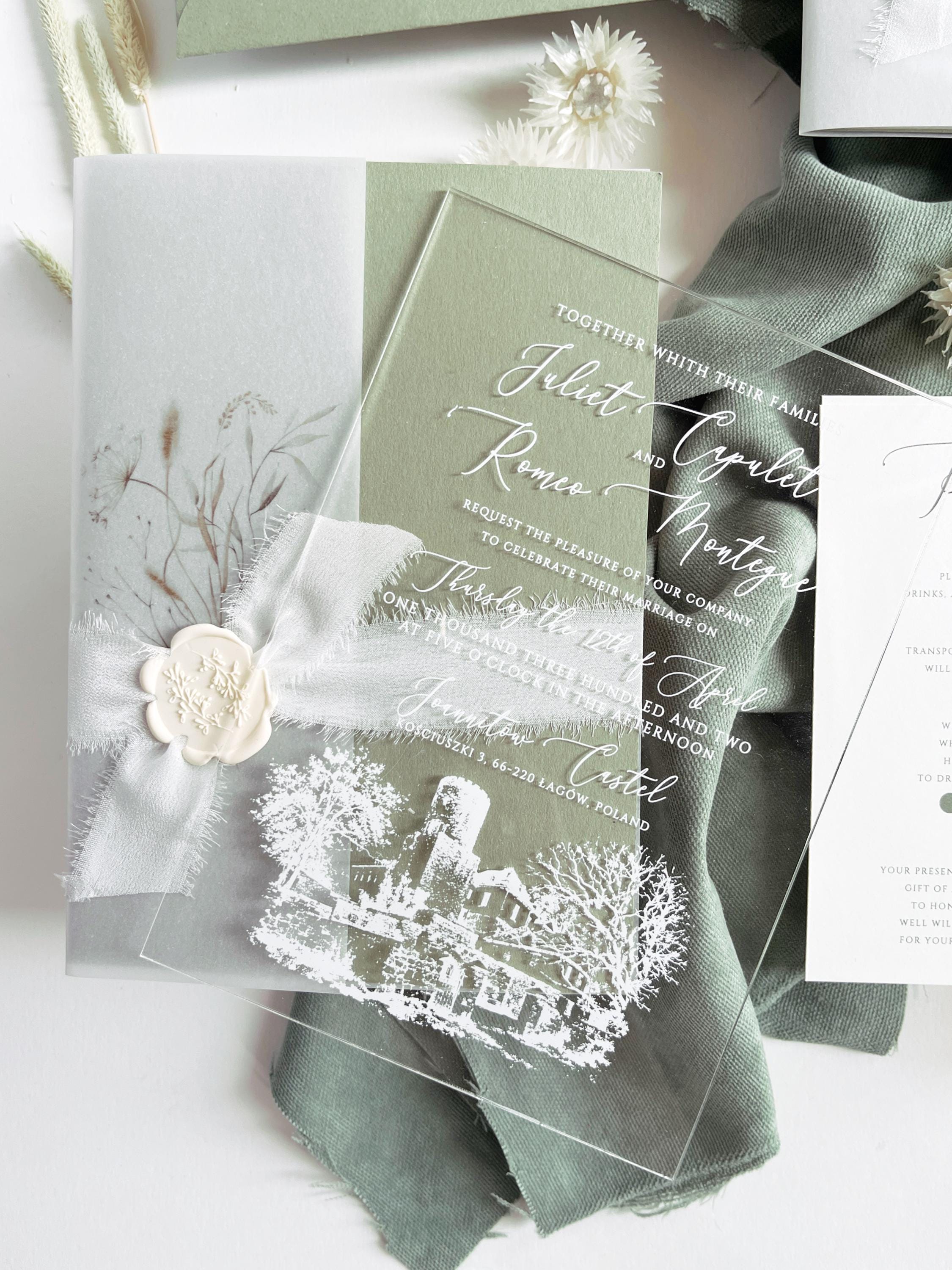 Clear Acrylic Wedding Invitation Suite, Sage Green Wedding Invite with Vellum Wrap & Wax Seal | Venue Joannitów Castle