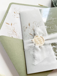 Clear Acrylic Wedding Invitation Suite, Sage Green Wedding Invite with Vellum Wrap & Wax Seal | Venue Joannitów Castle