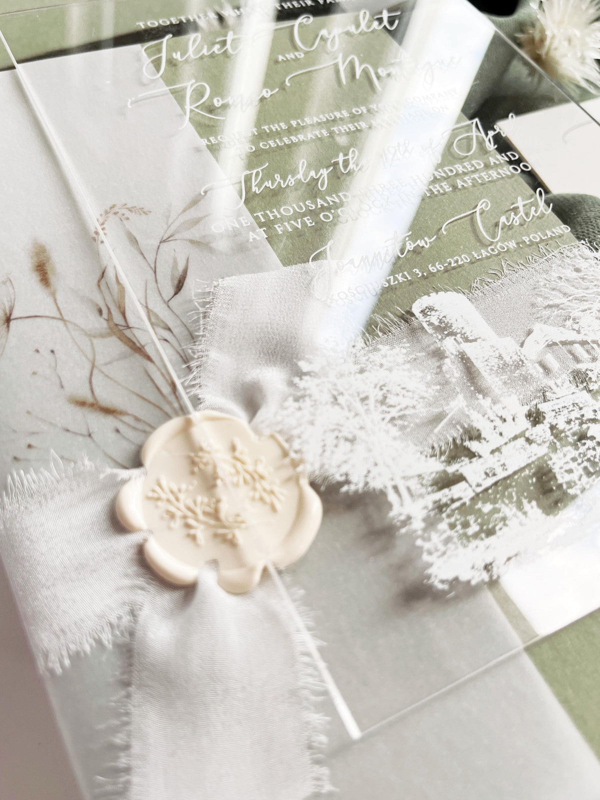 Clear Acrylic Wedding Invitation Suite, Sage Green Wedding Invite with Vellum Wrap & Wax Seal | Venue Joannitów Castle
