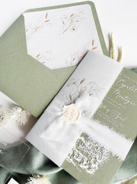 Clear Acrylic Wedding Invitation Suite, Sage Green Wedding Invite with Vellum Wrap & Wax Seal | Venue Joannitów Castle