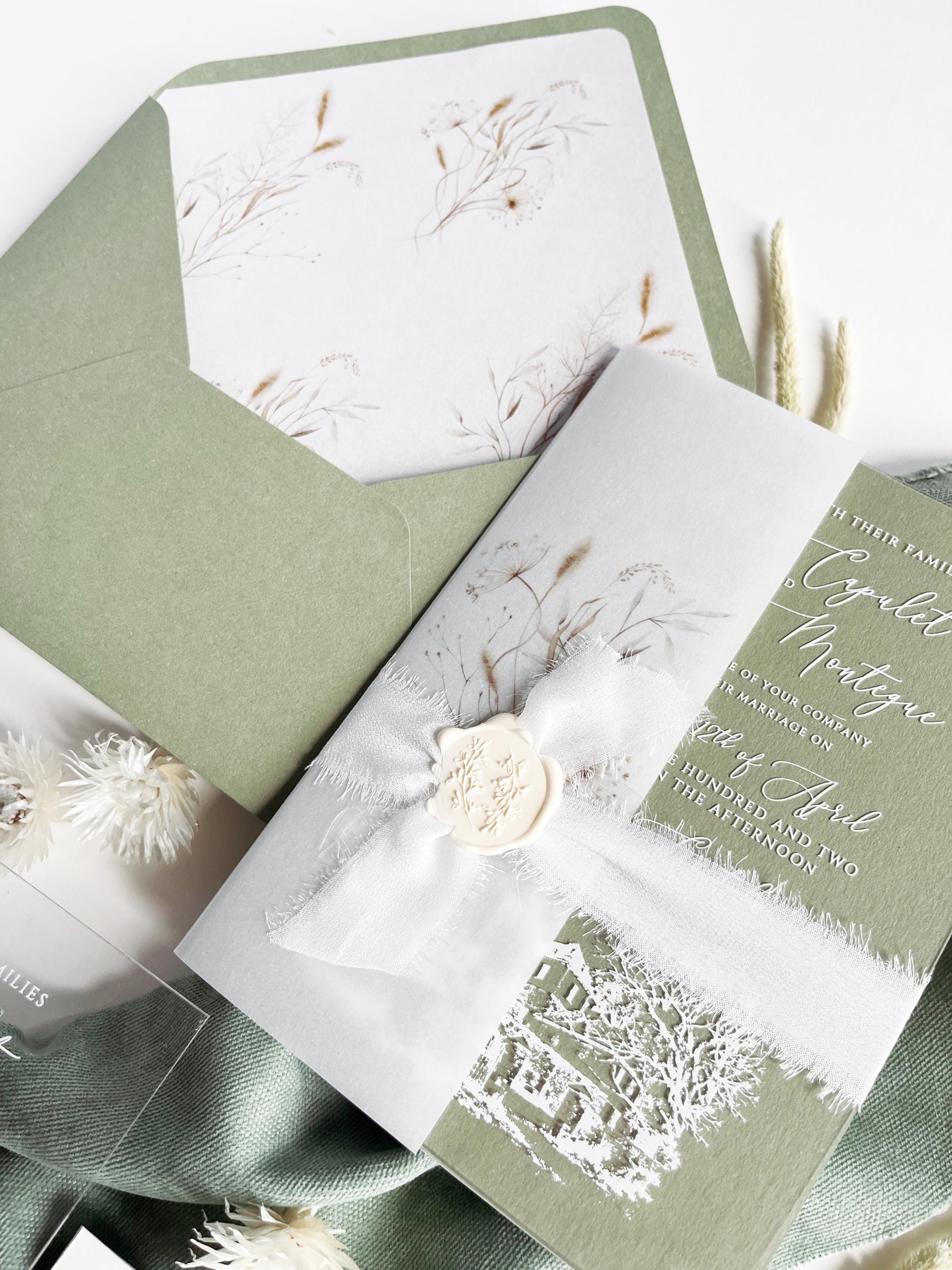 Clear Acrylic Wedding Invitation Suite, Sage Green Wedding Invite with Vellum Wrap & Wax Seal | Venue Joannitów Castle