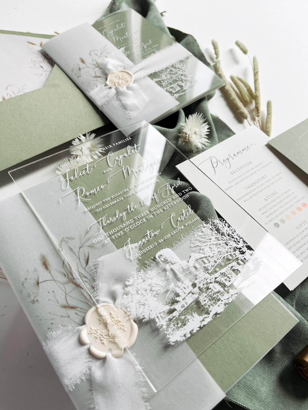 Clear Acrylic Wedding Invitation Suite, Sage Green Wedding Invite with Vellum Wrap & Wax Seal | Venue Joannitów Castle