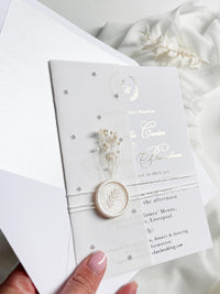 Gold Foil Wedding Invitation Suite with Pearl Embellishments, Wax Seal & Dried Flowers